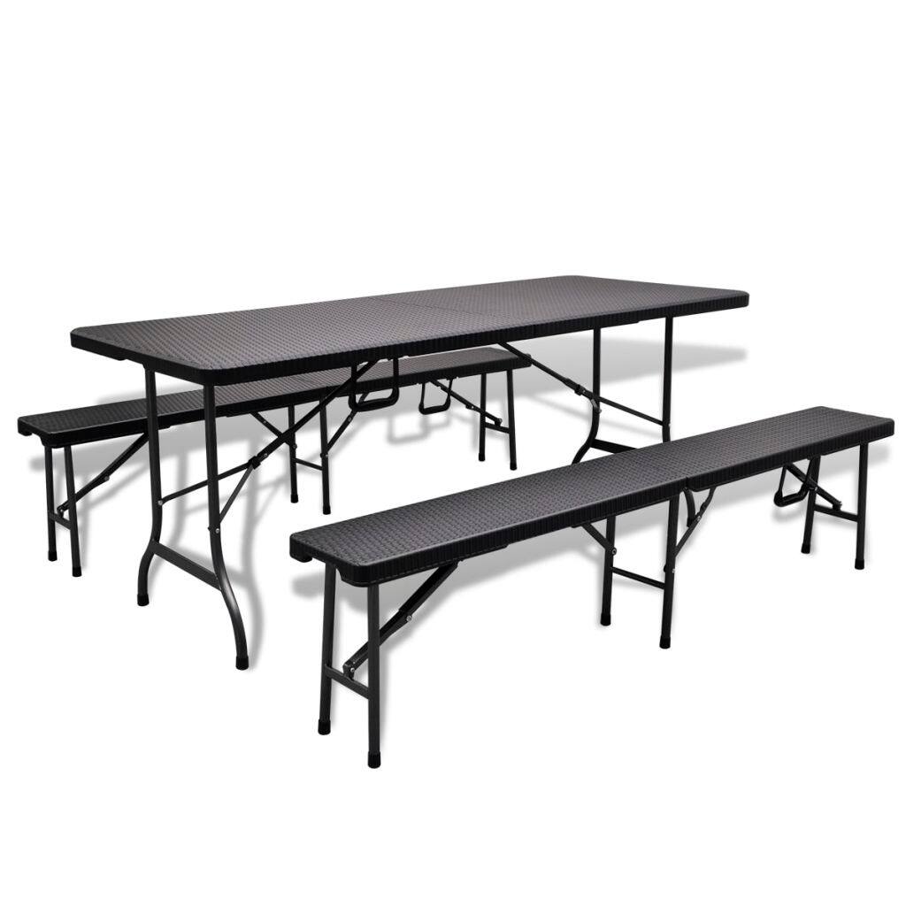 Outdoor Table with 2 Benches HDPE Black Rattan Look