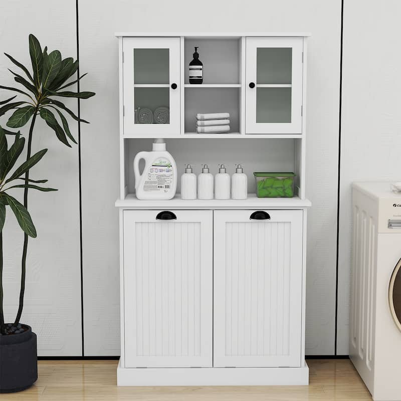 2-Compartment Tilt-Out Laundry Hamper, Tall Bathroom Cabinet w/Shelves - White