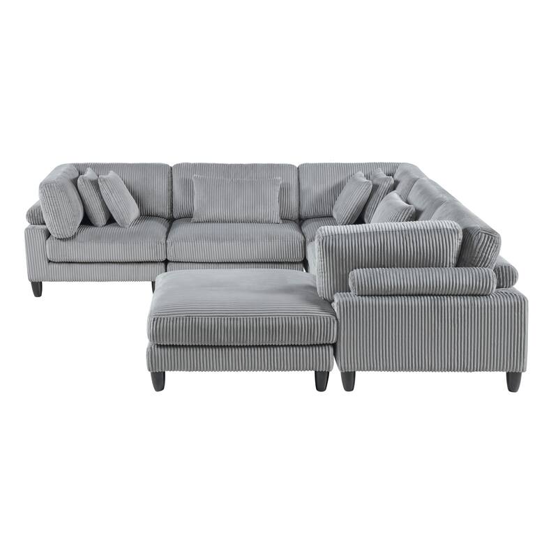 6pc Gray Corduroy Modular Sectional Set with 8 Pillows, Solid Wood Frame, Reversible Cushions, 300lbs/Seat