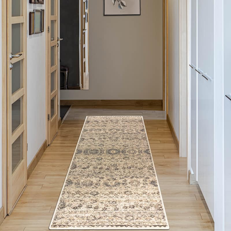Superior Traditional Vintage Florals Polypropylene Indoor Area Rug - 2'6" x 8' - Beige