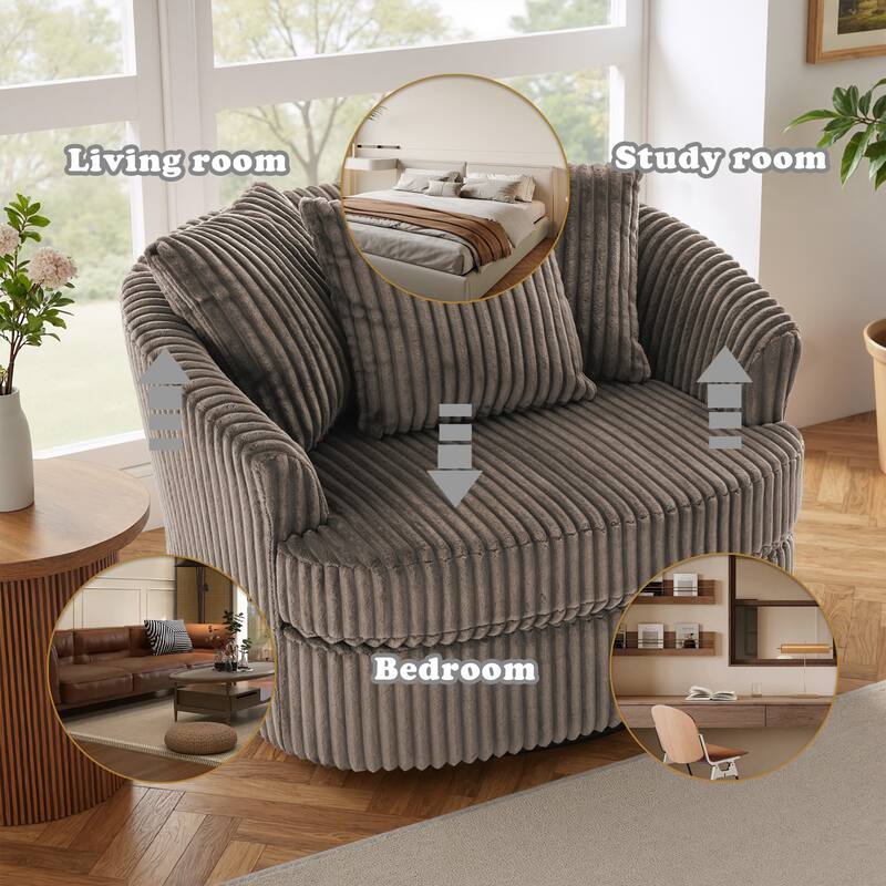 Oversized 43" W Plush Corduroy Swivel Barrel Chair with Pillows