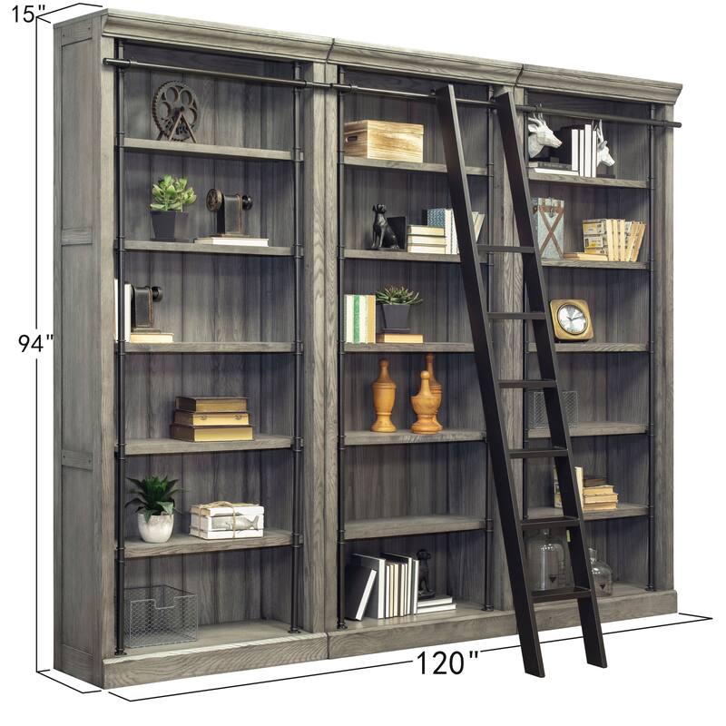Avondale 8' Tall Bookcase Wall With Ladder, Storage Organizer, Display Shelf for Office, Brown