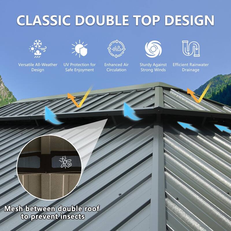 12' X 18' Hardtop Gazebo with Galvanized Steel Double Roof, Aluminum Frame, Curtains and Netting for Patio, Deck, Garden, Grey