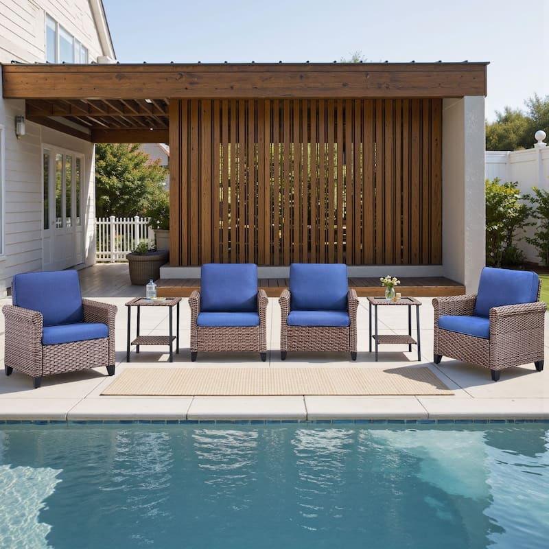 Pocassy Outdoor Sofa with Patio Chairs Funiture Set - 6PCS Patio Chair w/ Table - Brown Wicker Beige Cushion