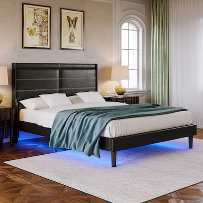 Upholstered Bed Frame Platform Bed with Lights Stitched Wing-backed Headboard