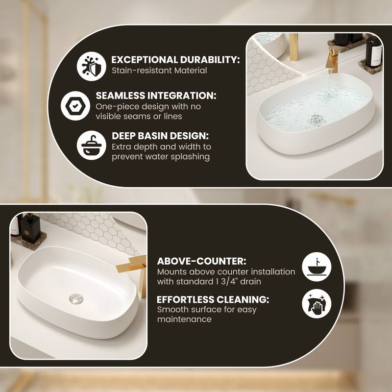 Solid Surface Vessel Bathroom Sink with Pop-Up Drain and Drain Hose, Modern Above Counter Wash Basin with Center Drain