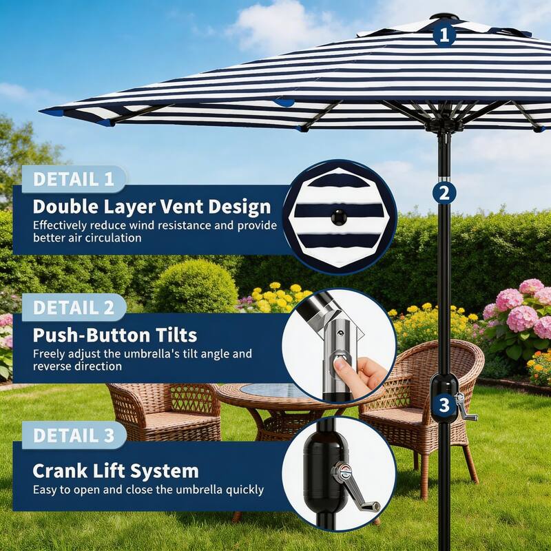 9 ft Patio Umbrella, with Crank Lift & Push Button Tilt, 8 Sturdy Ribs