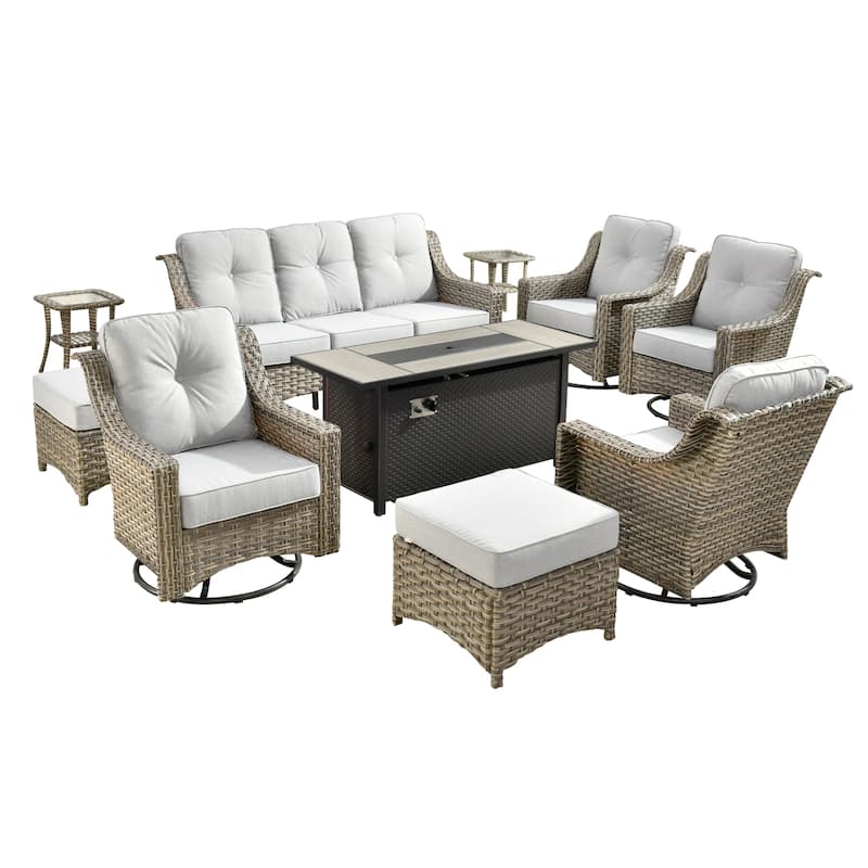 HOOOWOOO 10-piece Wicker Outdoor Patio High Back Swivel Chair Set with Fire Pit