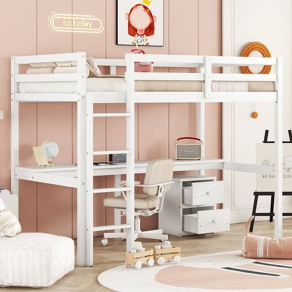 slide 2 of 13, Twin Size Loft Bed with Under-bed Built-in Desk, Storage Cabinet, Drawers, Ladder and Full-length Guardrails for Kids, Teens White - Twin