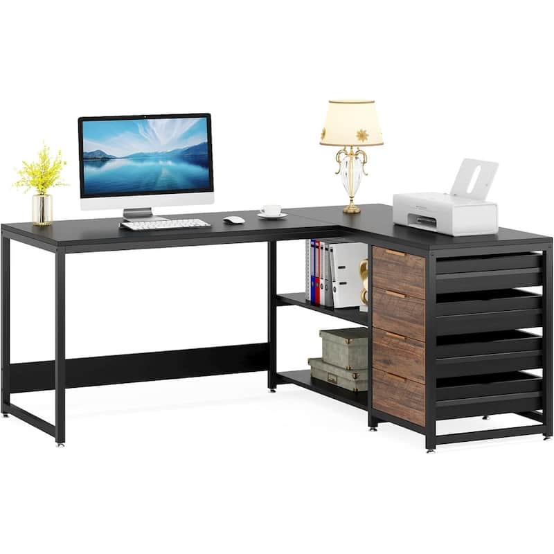 59"L-Shaped Computer Desk with Drawers and Shelves, Reversible Corner Office Desk Workstation, Writing Table with File Cabinets
