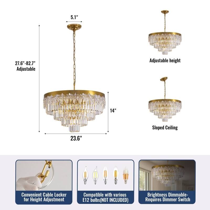 24 in. Modern 5-Tier Gold Crystal Chandelier with 11 Lights, Round Contemporary Ceiling Light for Dining Room and Living Room