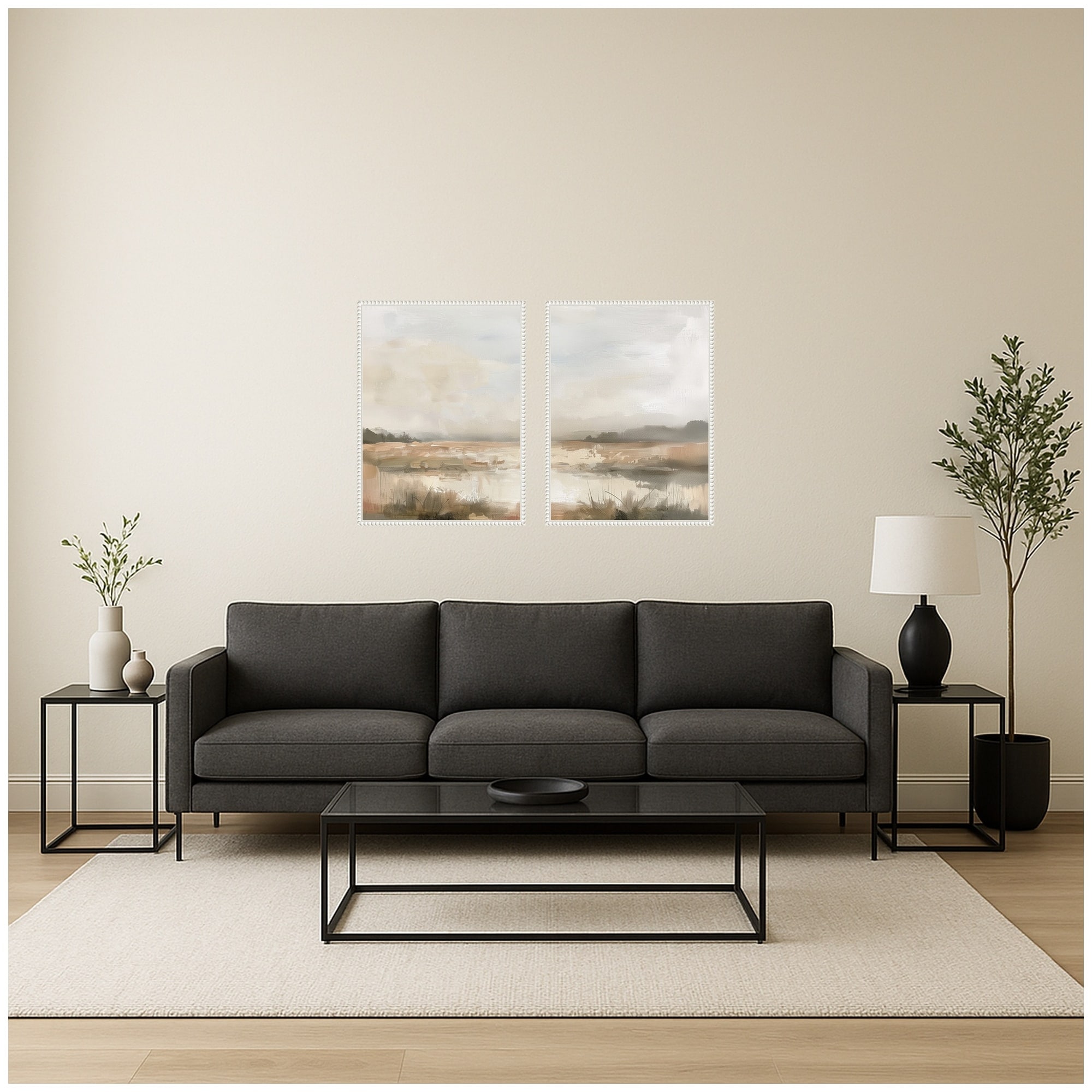 Kate and Laurel Neutral Abstract Landscape 2 Piece Framed Canvas Wall Art Set by The Creative Bunch Studio