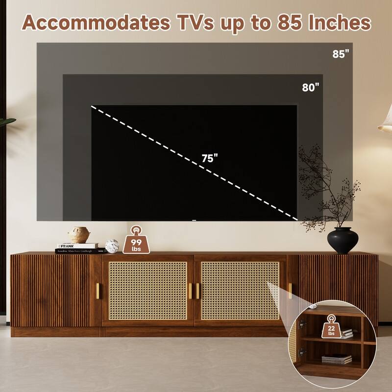 Rustic 78" TV Stand for TVs Up to 85", TV Console with Rattan Doors and Adjustable Shelf