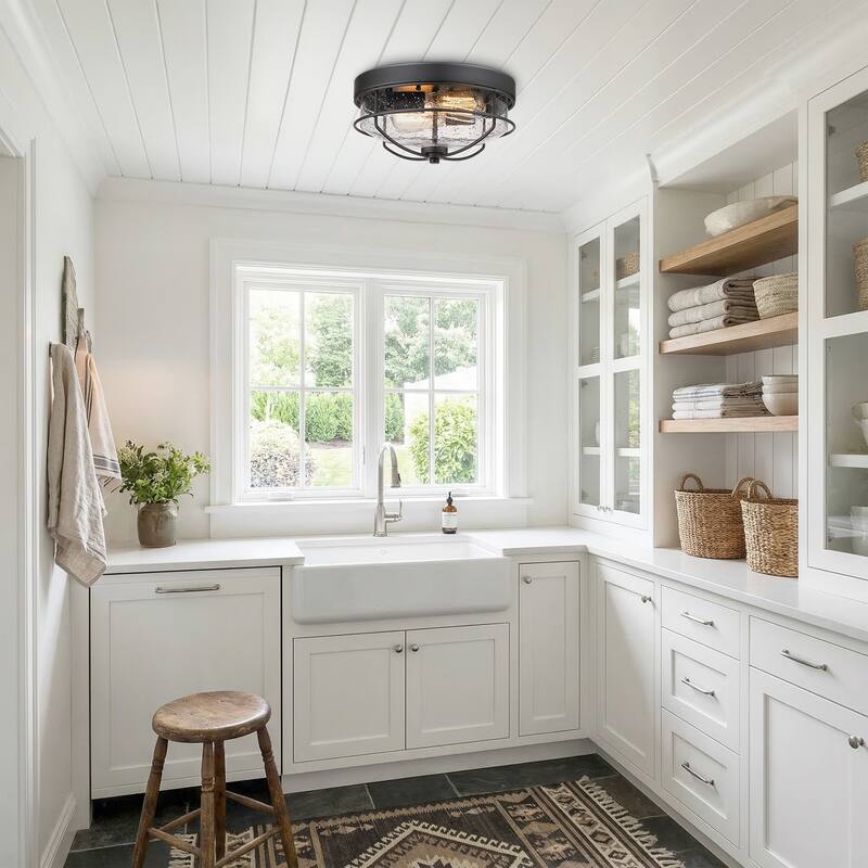 Flush Mount Ceiling Light Industrial Farmhouse Fixture with Seeded Glass Shade