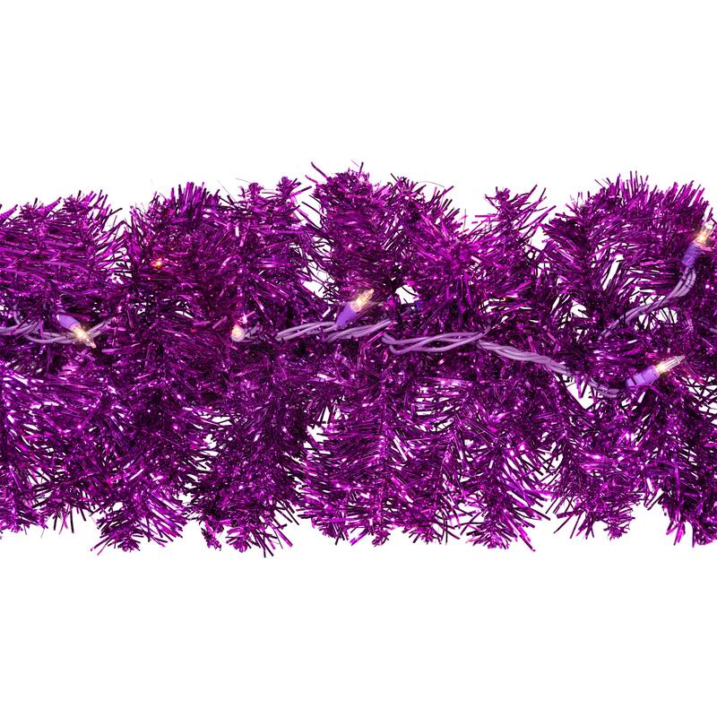 Pre-Lit Artificial Tinsel Christmas Garland - 9' x 8" - Purple - Clear Lights