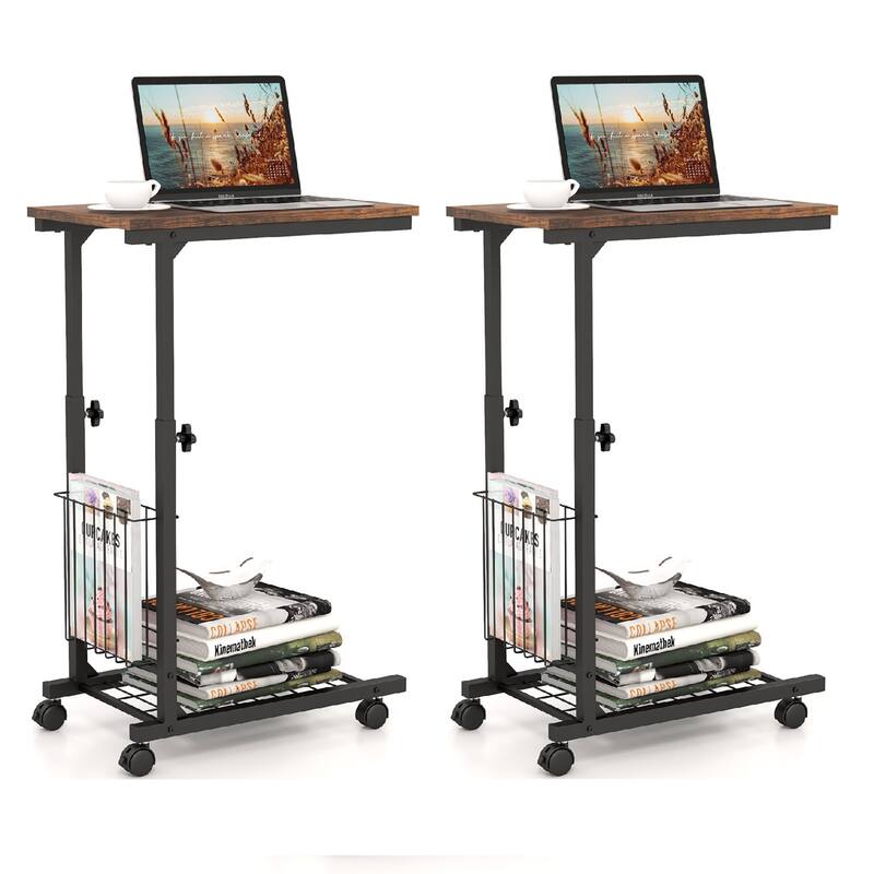 Gymax Set of 2 C-shaped Sofa Side Table Height Adjustable Compact End