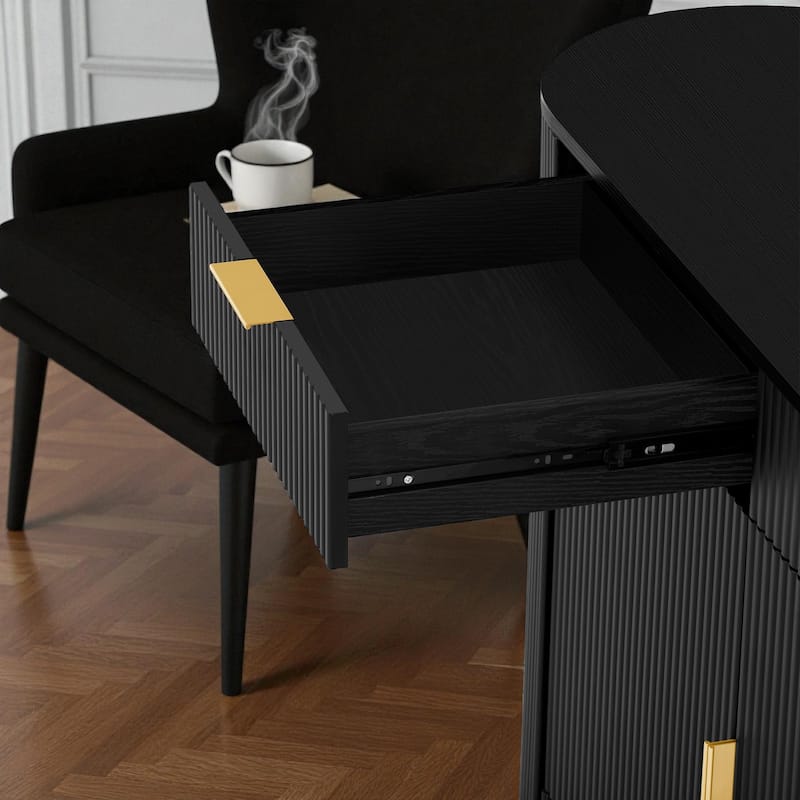 Modern 55.1" Storage Cabinet with Curved Doors, 2 Drawers & Side Shelves, Stripe MDF Buffet Console Table