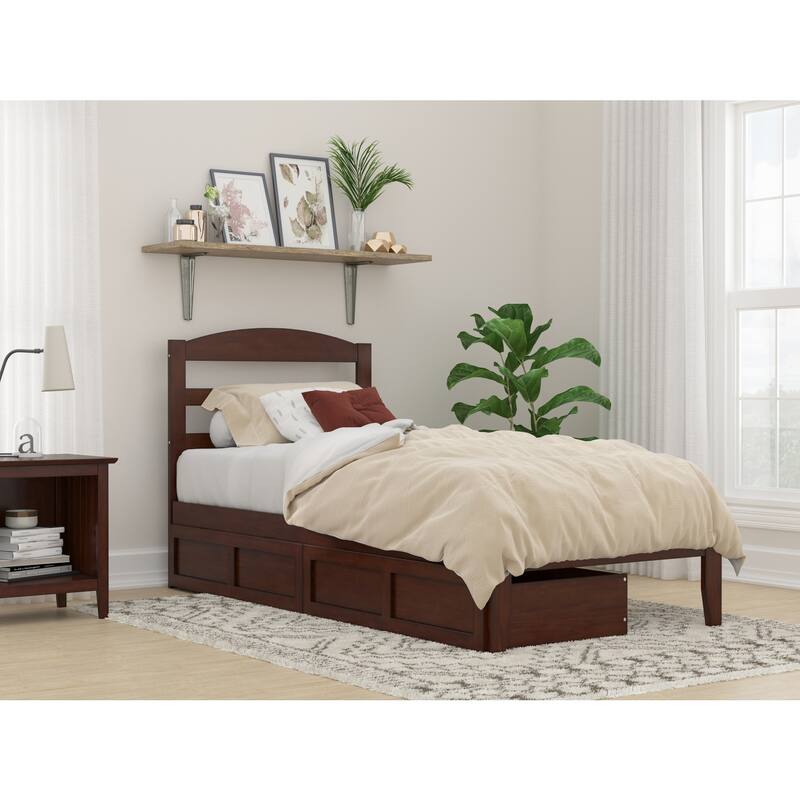 Twin XL Platform Bed with Drawers - Durable Walnut Finish & Charger Included - Space Saving Design