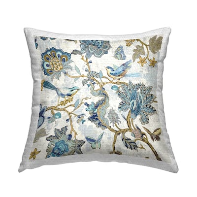 Stupell Detailed Blue Floral Birds Pattern Printed Outdoor Throw Pillow Design by Reneé Campbell