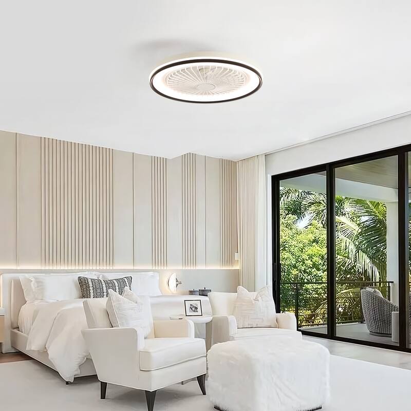 19 Inch RGB Dimmable Led Enclosed Ceiling Fan with Light Flush Mount Bladeless 6 Speed Remote Control for Bedroom Party - White