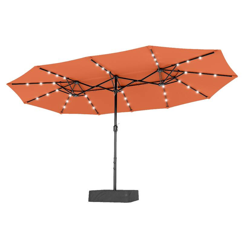 MAISON ARTS 15ft 2-Tier Large Patio Umbrella with Solar Lights, Double-Sided Outdoor Market Umbrellas with Base Included - OrangeRed-Lights