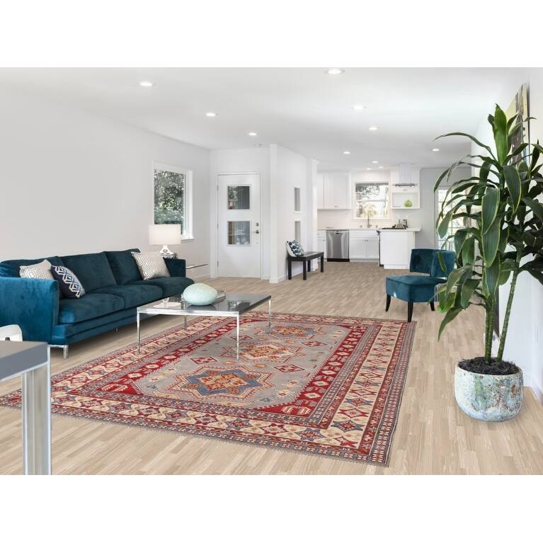 Kazak Area Rug Hand-Knotted Geometric Grey Wool Carpet - 6'9" x 9'8"