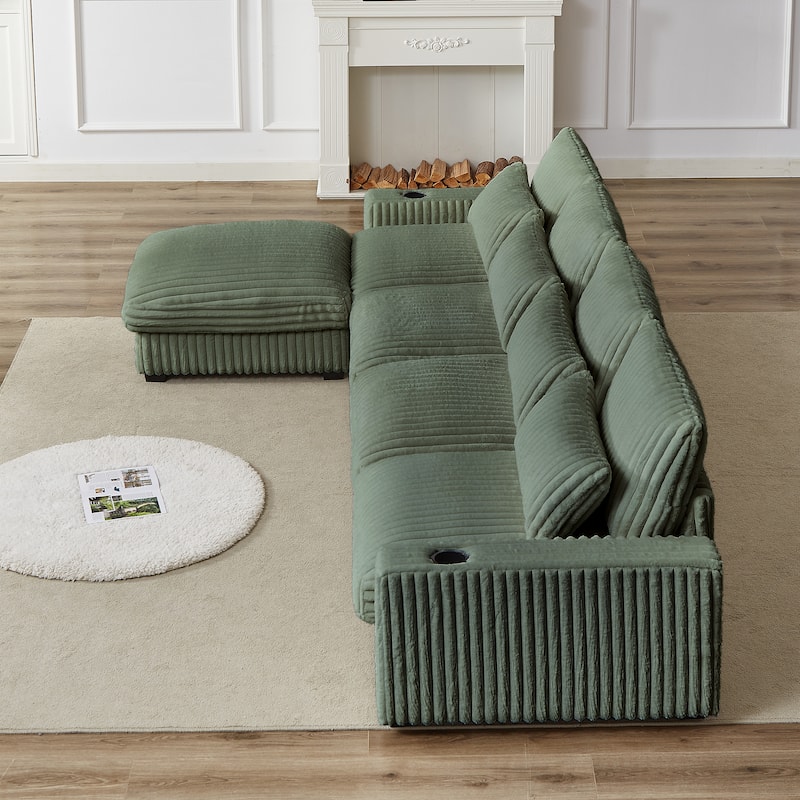 Super Large 126-Inch Corduroy L-Shaped Sofa with Cup Holders, USB Port, Movable Footrest, and 8 Cushions.