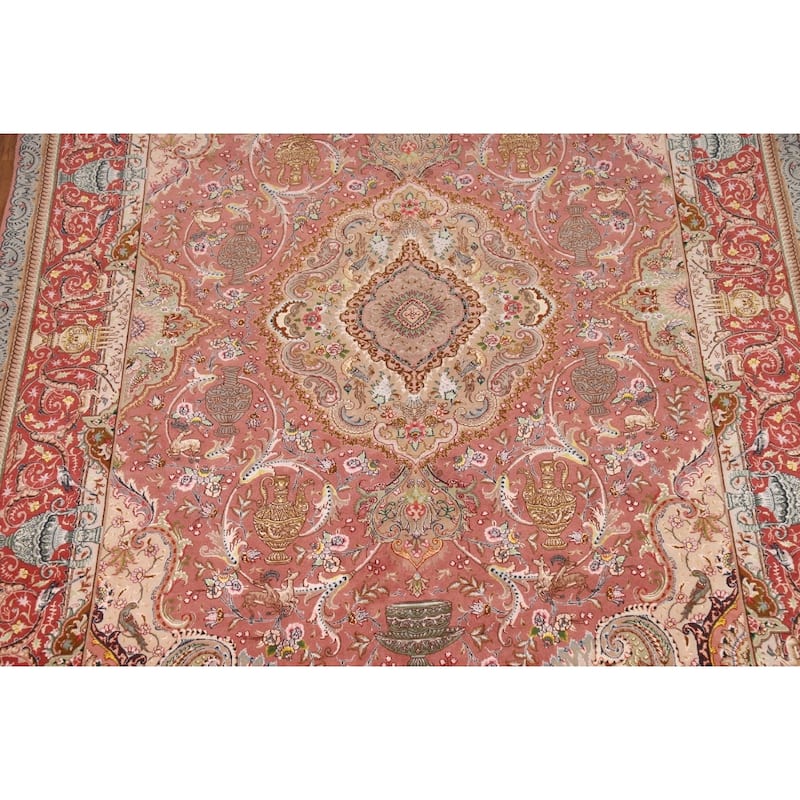 Handmade Wool & Silk Pink Tabriz Persian Area Rug Traditional Carpet - 6'7"x 10'5"