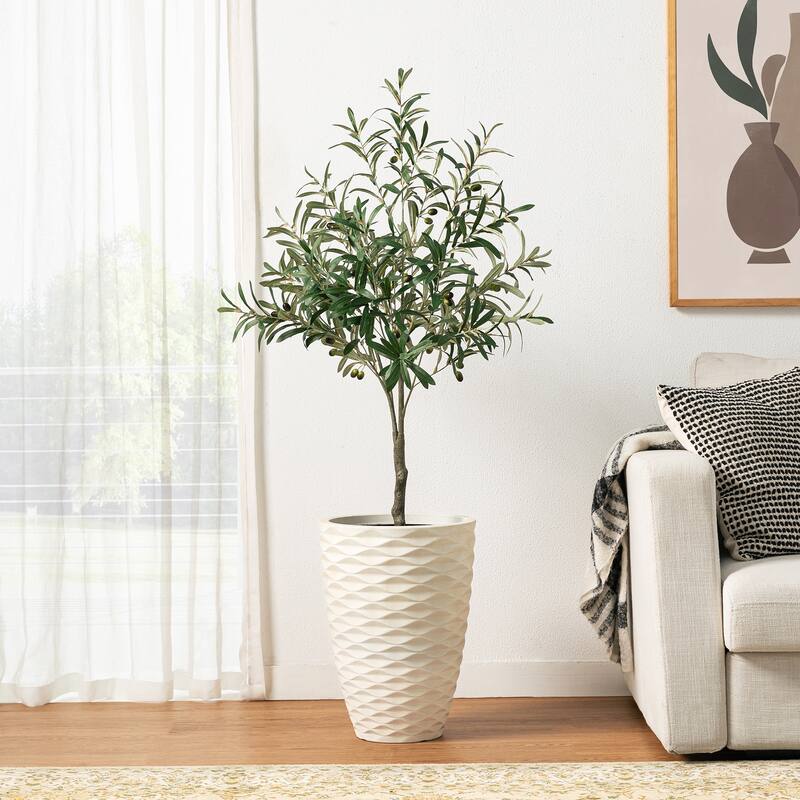 Glitzhome 3ft-6ft Set of 2 Artificial Olive Trees/ Bamboo/ Ficus with Ceramic Planters Real Touch
