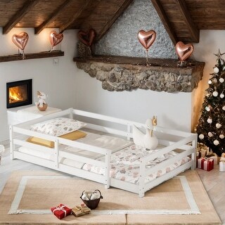 Floor Bed with Fence,Wood Kids Bed,Twin Size