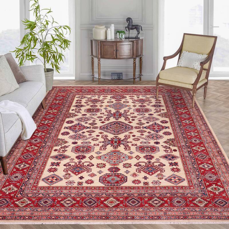 Rustic Super Kazak Zaira Beige/Red Hand Knotted Wool Rug - 8'1'' x 9'7''
