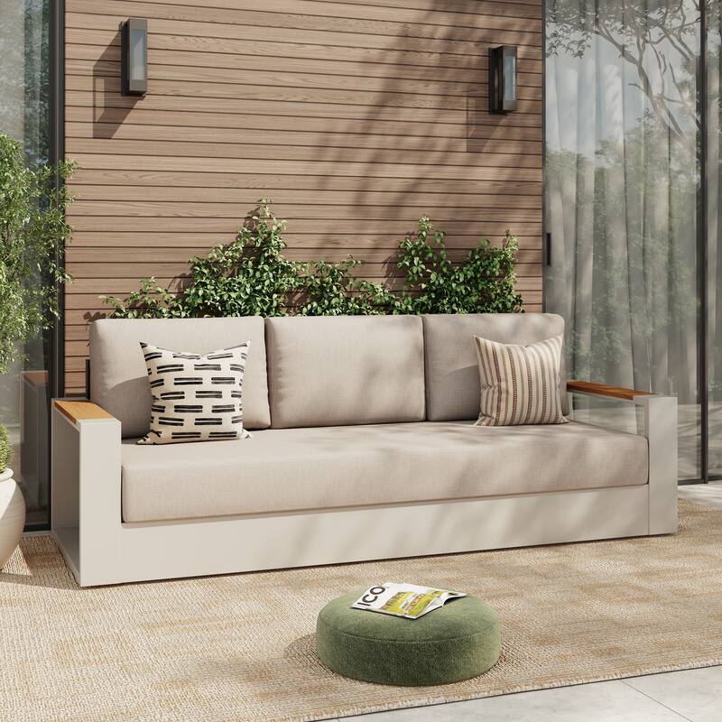 Modern Aluminum Frame Outdoor 3-Seater Sofa with Thick Cushions - Champagne