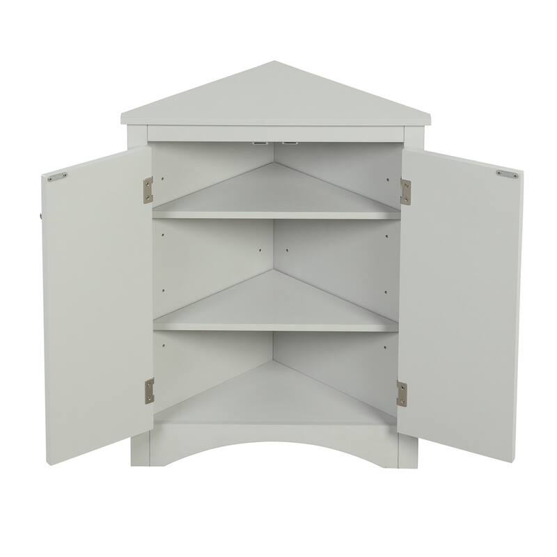 Triangle Corner Storage Cabinet, Freestanding Floor Cabinet, Double Door Bathroom Cabinet with 2 Tier Adjustable Shelves