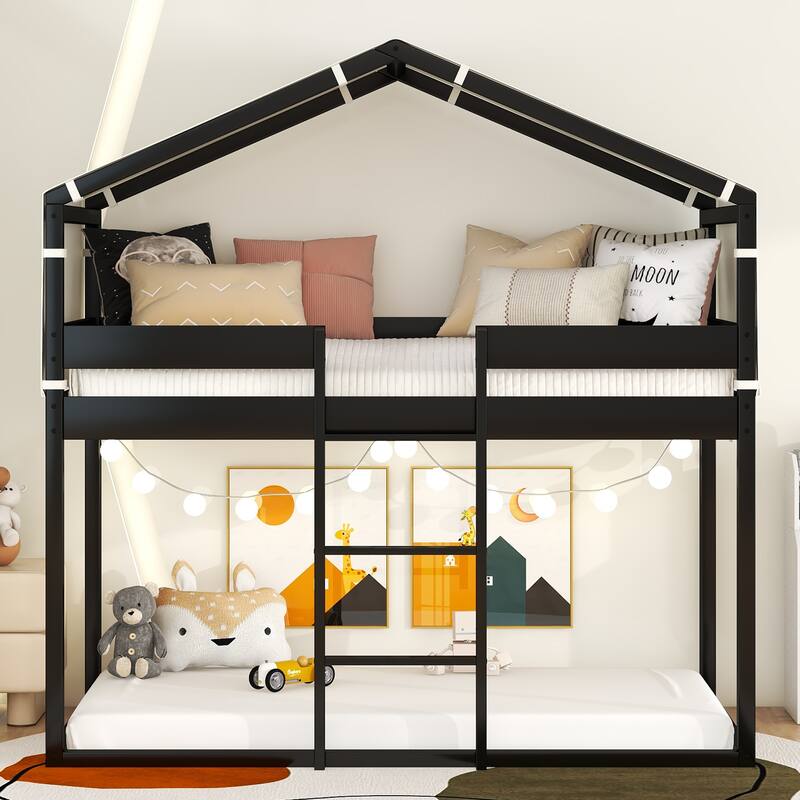 Fairytale House Bed Twin Over Twin Bunk Bed Wood Platform Bed Frame with Ladder Apex Roof Tent for Boys Girls, House-Shaped Bed - Espresso - Twin