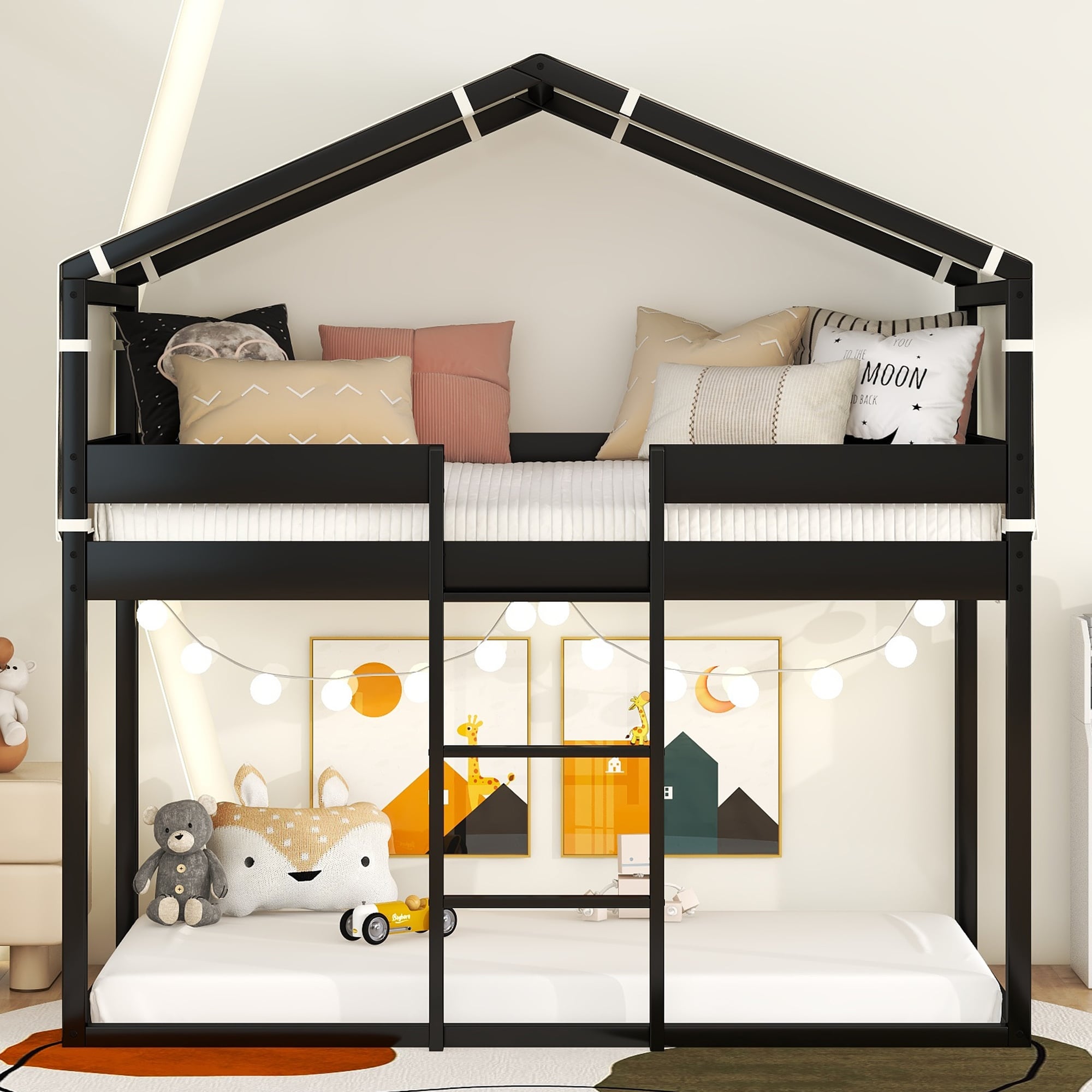 Twin over Twin Sturdy Wooden Bunk Bed with Tent Below