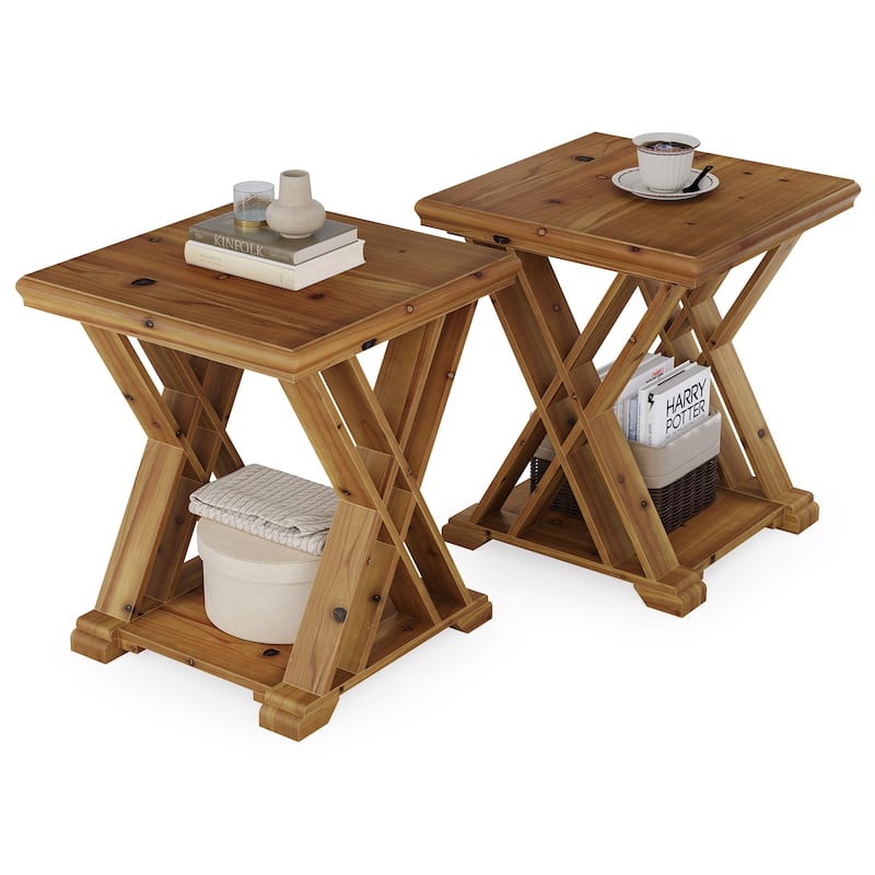 Solid Wood End Table, 2-Tier Side Table with Geometric X-Shape Design - Brown (2 piece)