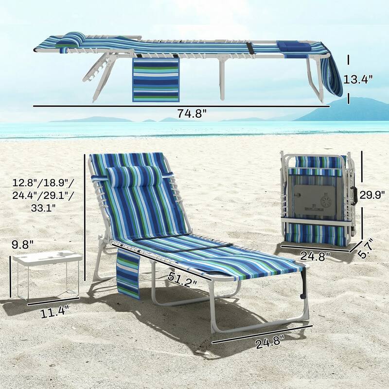 Outsunny Tanning Chair Set of 2 with Face Hole, Side Table, 5-Position Reclining Folding Chaise Lounge Chair