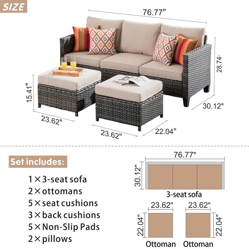 OVIOS 3-piece Outdoor Wicker Conversation Ottoman Set
