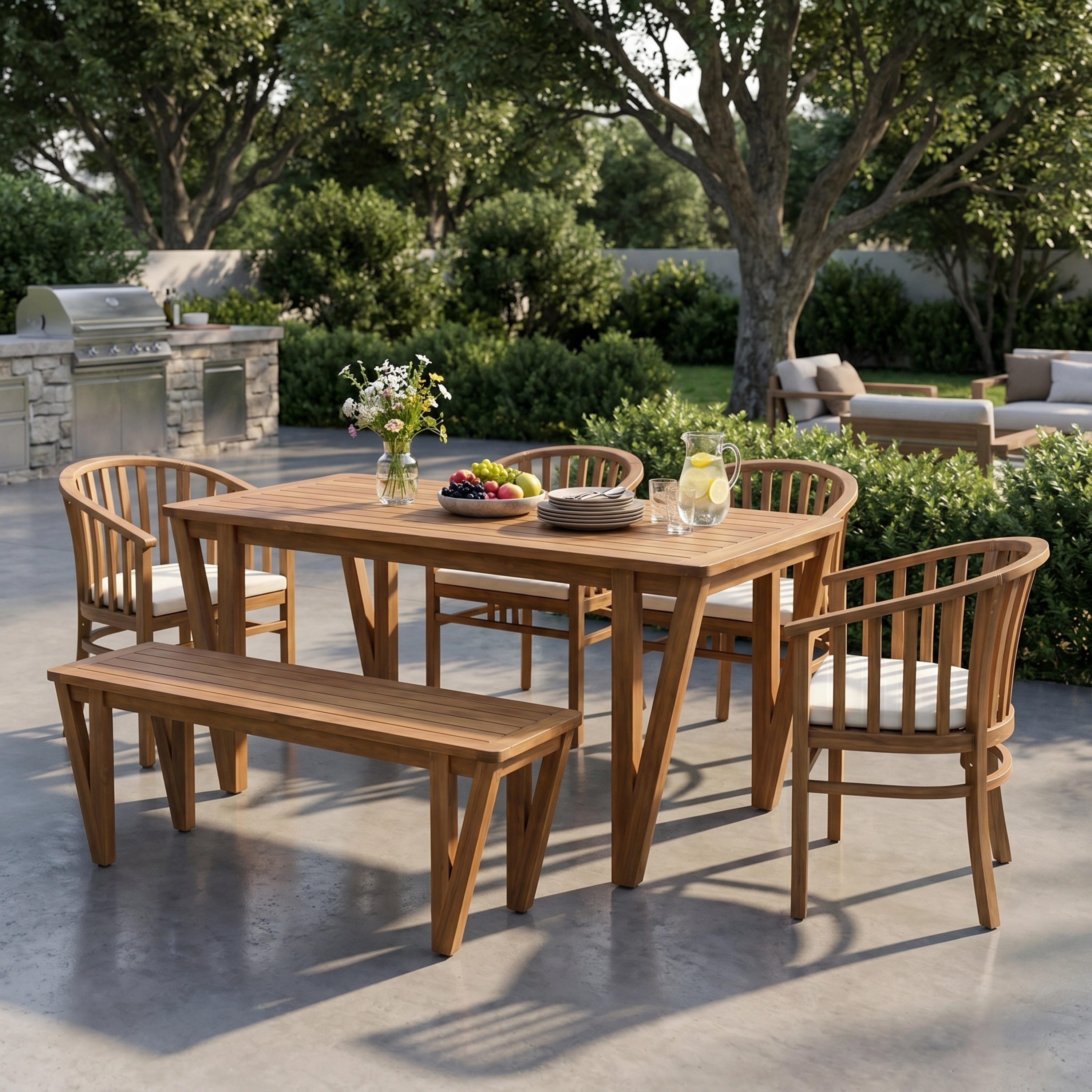 Christopher Knight Home - Lachlan 6-Piece Outdoor Dining Set, Acacia Wood V-Shape Leg Table, Bench & Slat Armchair with Cushions
