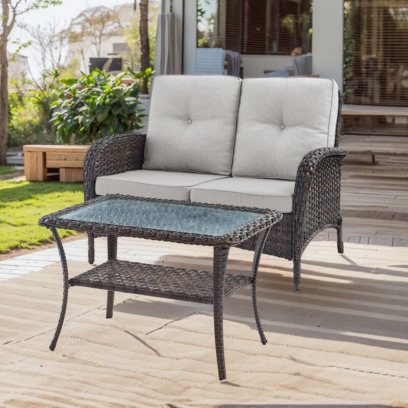 2-Seater Rattan Patio Sofa with Deep Seating - Brown - Beige - Brown