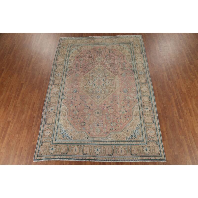 Pink Geometric Tabriz Persian Vintage Area Rug Handmade Wool Carpet - 8'0"x 11'5"