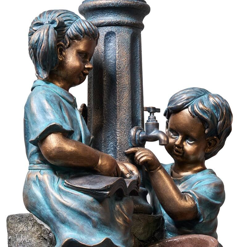 Storybook Outdoor Water Fountain with Boy and Girl Sculpture, Warm LED Lamp Post and Soothing Water Flow