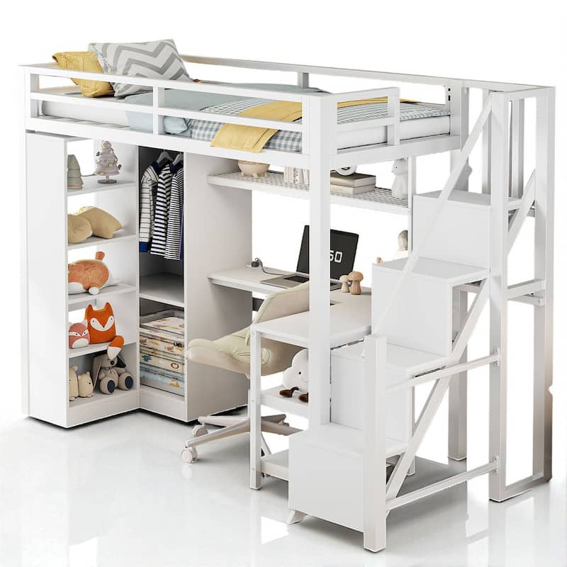 Metal Twin/Full Loft Bed with Desk, USB Ports, Wardrobe, 5-Layer Shelf, Stepped Stairs
