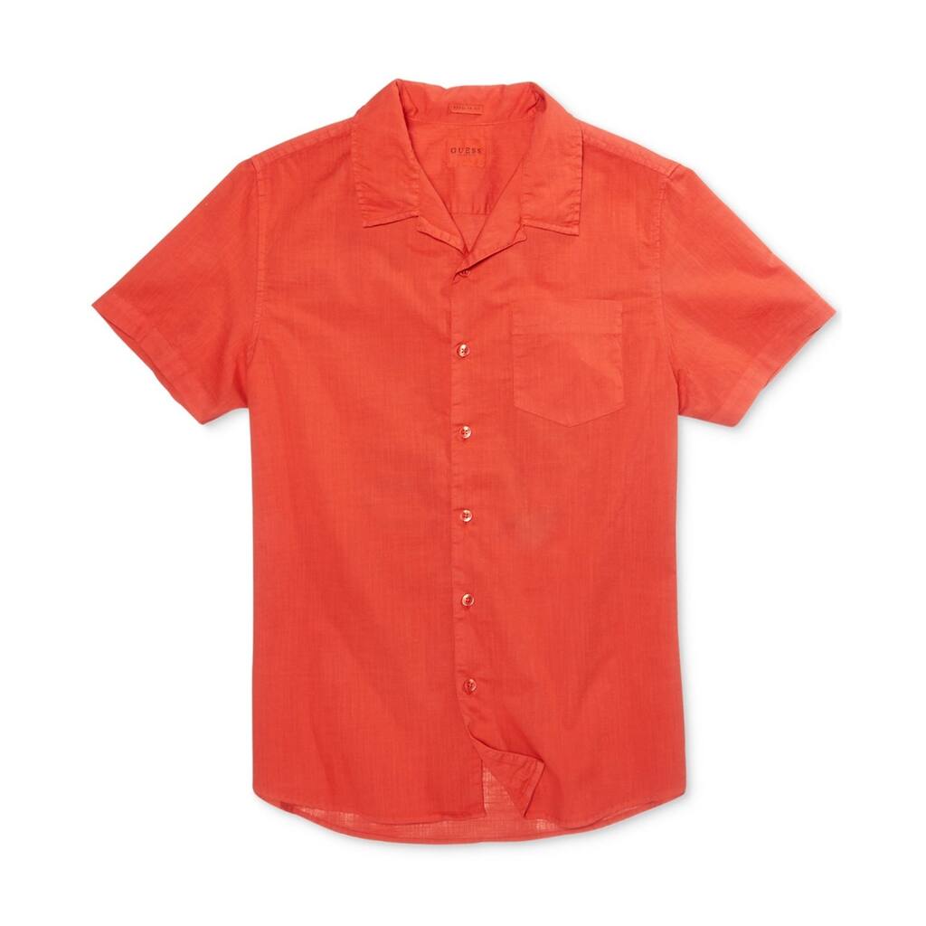 GUESS Mens Embroidered Back Button Up Shirt, Orange, XX-Large