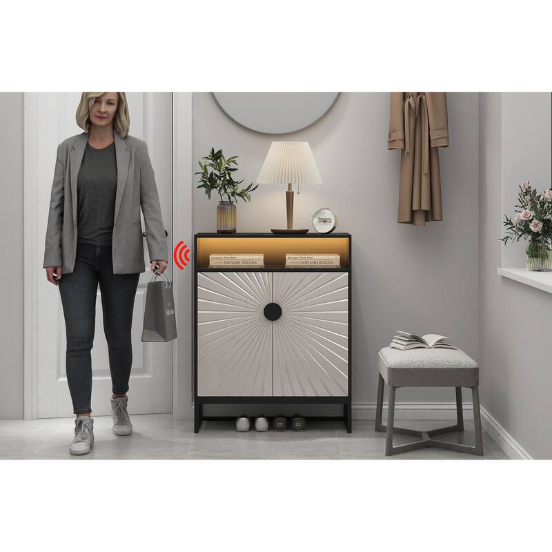 Modern 5-Tier Shoe Organizer Rack Cabinet with Sensor Night Light and Open Shelves for Hallway, Entryway or Mudroom Storage