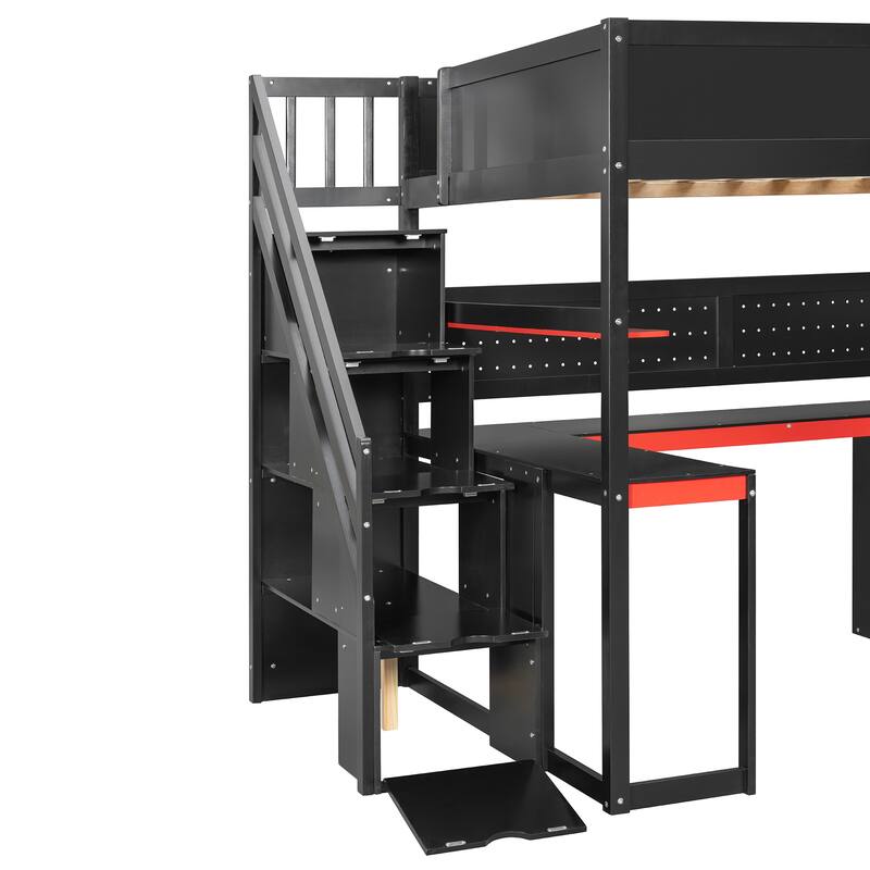 Gaming Loft Bed with Recessed Table Cabinet Pegboard Storage Stairs