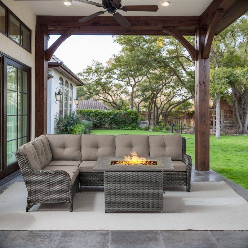 Gymojoy 2-Piece Outdoor Wicker Patio Furniture with Fire Pit and L-shaped Sectional Sofa, Coversation Set with Thick Cushions - Grey Wicker / Grey Cusion - 2-Piece