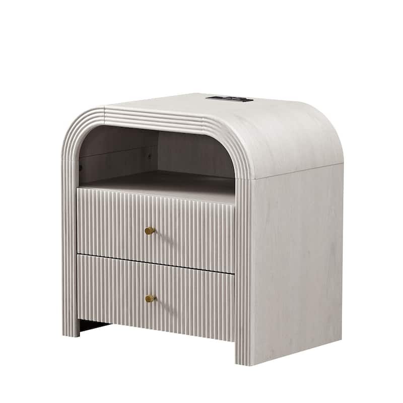 Modern Fluted Nightstand with Charging Station, Arched End Table