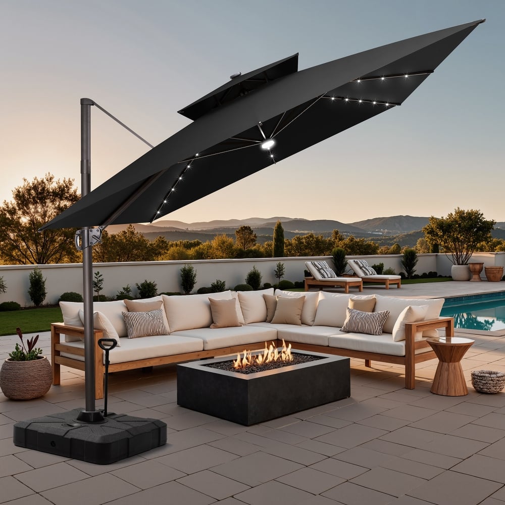11 FT Square Outdoor Patio Cantilever Umbrella with Solar Lights Rod Wheel Base Double Canopy 360 Rotation Tilt