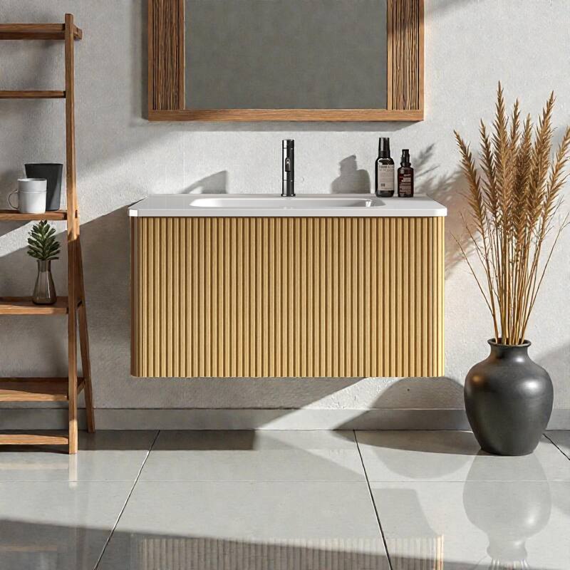 30" Floating Bathroom Vanity with Ceramic Sink, Striped Wall Mounted Cabinet with Curved Edges & Large Push-Open Drawer